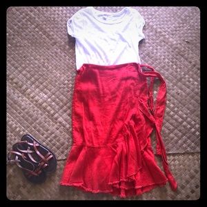 Anthro: Festive red-orange midi wrap skirt